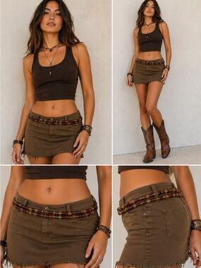Boho Beaded Leather Belt Brown Multicolor Beads Hippie Tribal Festival Medium